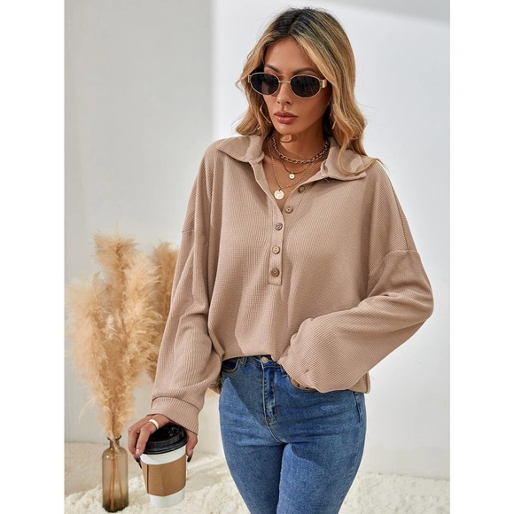 🌟 fold down collared Half Button henley long sleeve soft knit tee fall tan - Picture 5 of 8